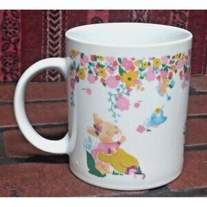 Vintage Easter Mug Bunnies Flowers White pink blue Ceramic Houston Foods 10 oz